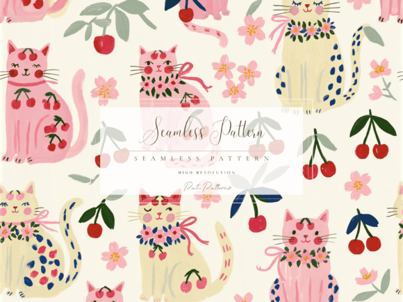 Download Cute Cherry Cat Seamless Pattern PNG for Kids - Premium Resources