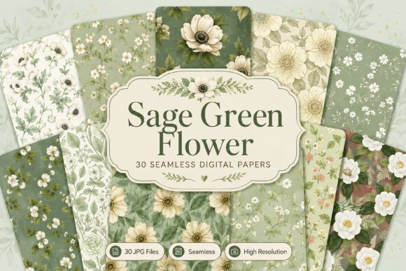 Download Seamless Sage Green Flower Digital Set - Flower Collection